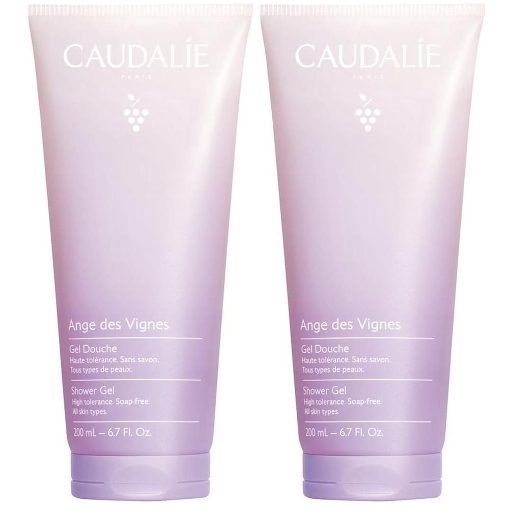Zwei Tuben Duschgel. Helllila Farbverlauf. Aufschrift: CAUDALIE, Ange des Vignes, Gel Douche, Shower Gel. 200 ml.