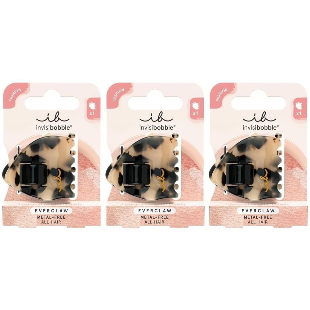 Drei Invisibobble EVERCLAW Leo Baby S Haarspangen in Tortoiseshell-Optik, metallfrei, für alle Haartypen.