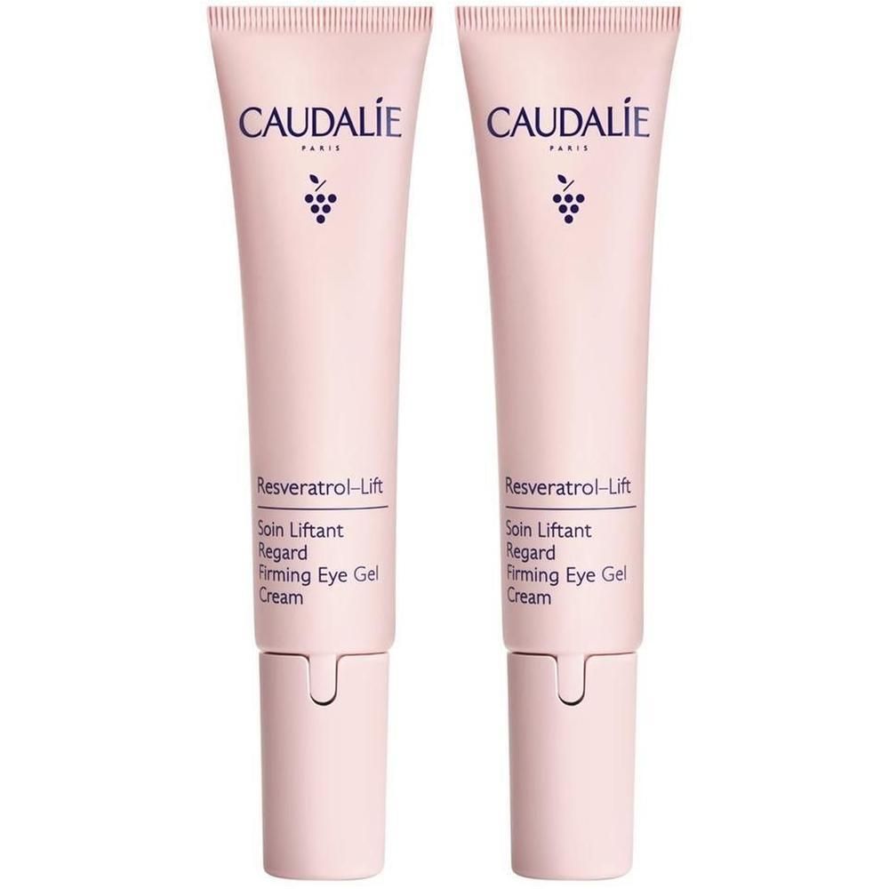 Zwei Tuben Augencreme. Rosa Tuben mit Schriftzug CAUDALIE, Traubensymbol und Produktbezeichnung. Aufschrift: Resveratrol-Lift.