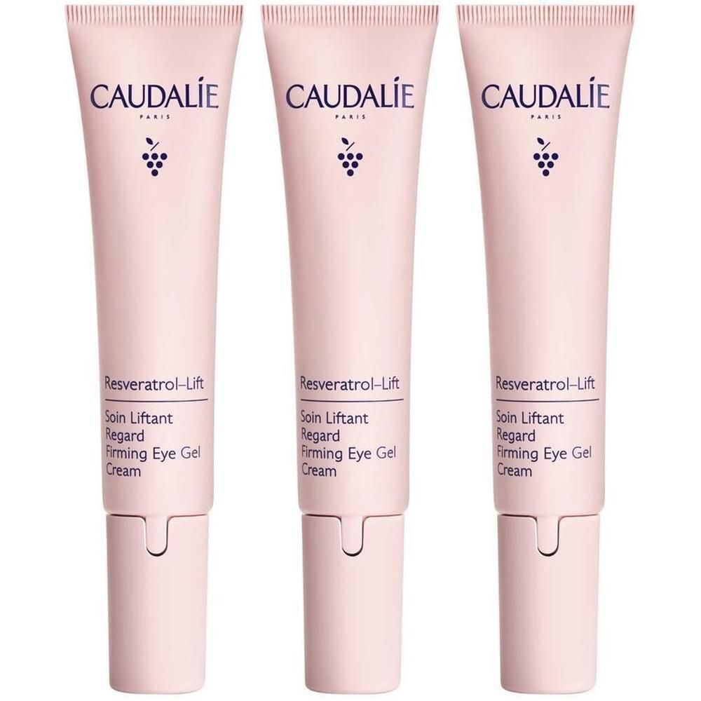 Drei Tuben mit rosa Farbverlauf. Auf jeder Tube steht CAUDALIE, darunter ein Traubensymbol und Produktinformationen: Resveratrol-Lift, Soin Liftant Regard.