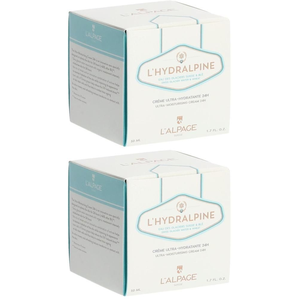 Deux boîtes carrées. Inscription L'Hydralpine, Crème Ultra-Hydratante 24H. Marque L'Alpage.