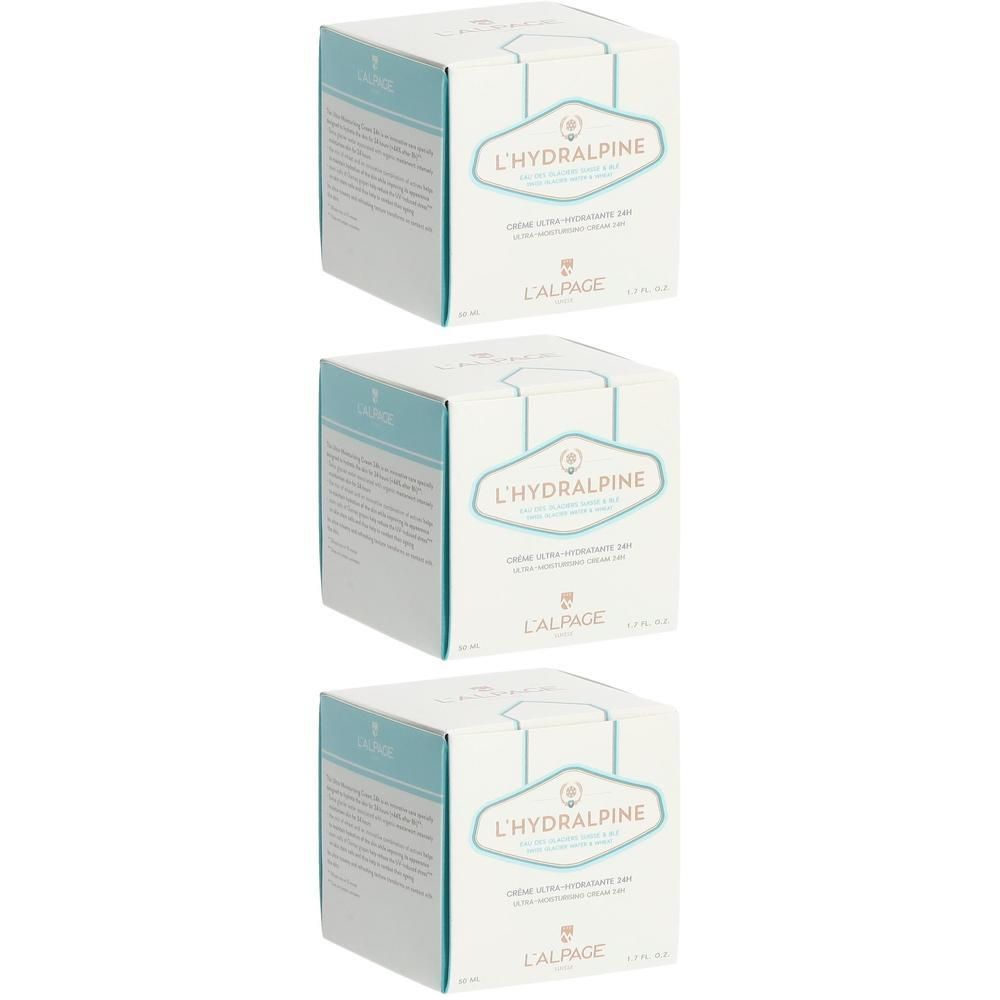 Trois boîtes carrées. Inscription L'Hydralpine, Crème ultra-hydratante 24h. Marque L'Alpage.
