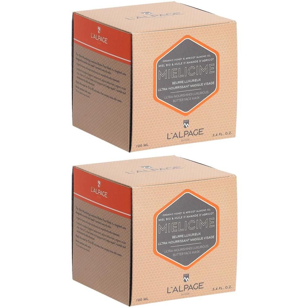 Zwei quadratische Kartons. Aufdruck: Mielicime, L'Alpage. Orangefarbene und graue Elemente. Text in mehreren Sprachen.