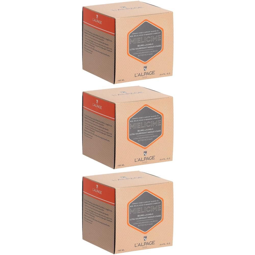 Drei quadratische Kartonverpackungen. Auf jeder Verpackung ist ein sechseckiges Logo mit Text und der Schriftzug "L'ALPAGE" zu sehen.