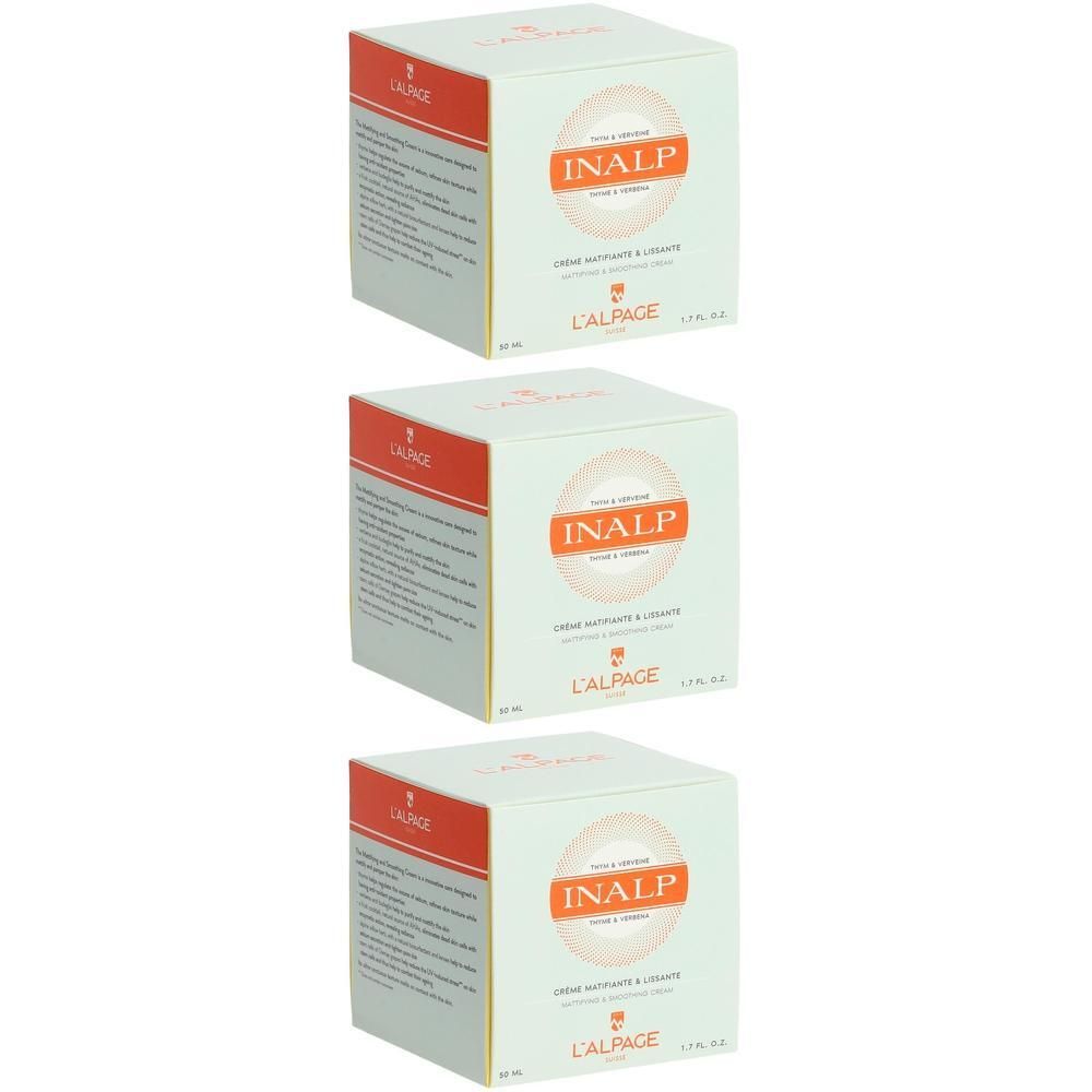 Trois boîtes carrées. Inscription : INALP, Crème mattifiant & lissant, L'ALPAGE. Emballage orange et blanc.