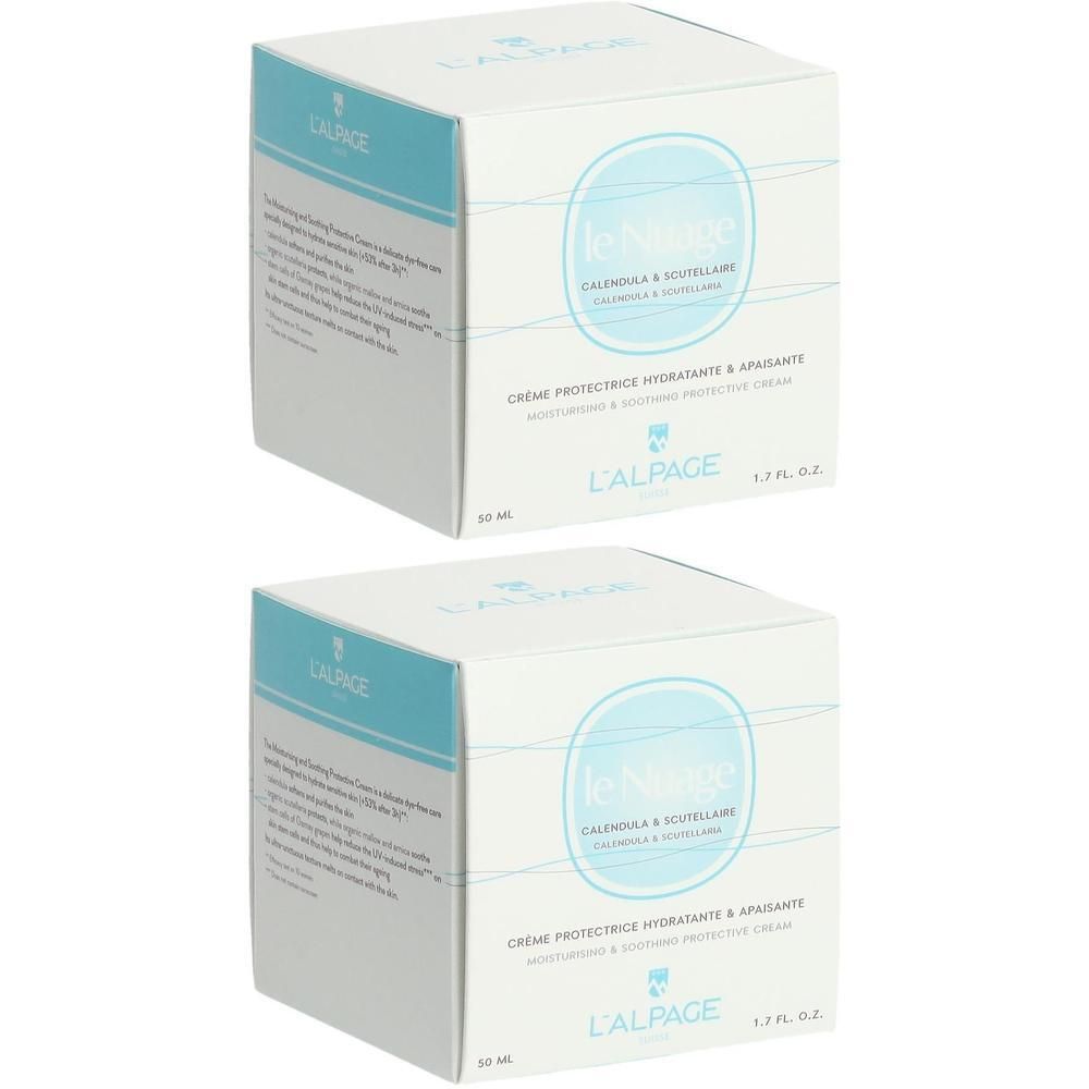 Zwei quadratische Kartons. Aufschrift: L'ALPAGE Le Nuage, Crème protectrice hydratante & apaisante. Blaue und weiße Verpackung.
