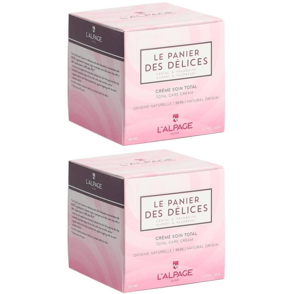 Deux boîtes carrées roses. Inscription : LE PANIER DES DÉLICES, CRÈME SOIN TOTAL, L'ALPAGE. Dégradé de rose.
