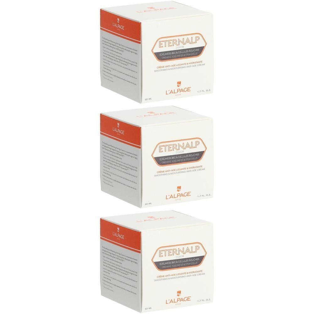 Drei quadratische Kartons. Aufschrift: ETERNALP, Anti-Age Crème. Marke: L'ALPAGE. Weiß, orangefarbene Akzente.