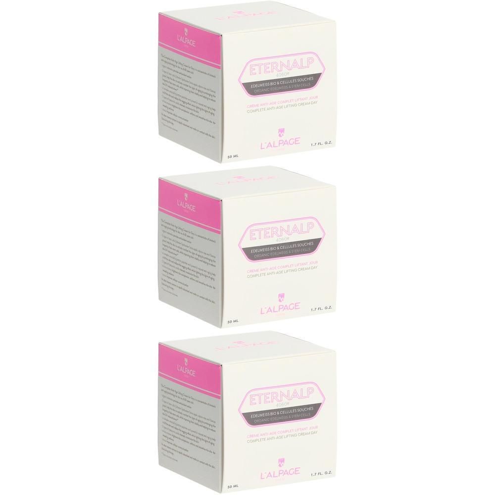 Trois boîtes carrées. Inscription: Eternalp, L'ALPAGE. Emballage rose et blanc. Texte sur le côté.