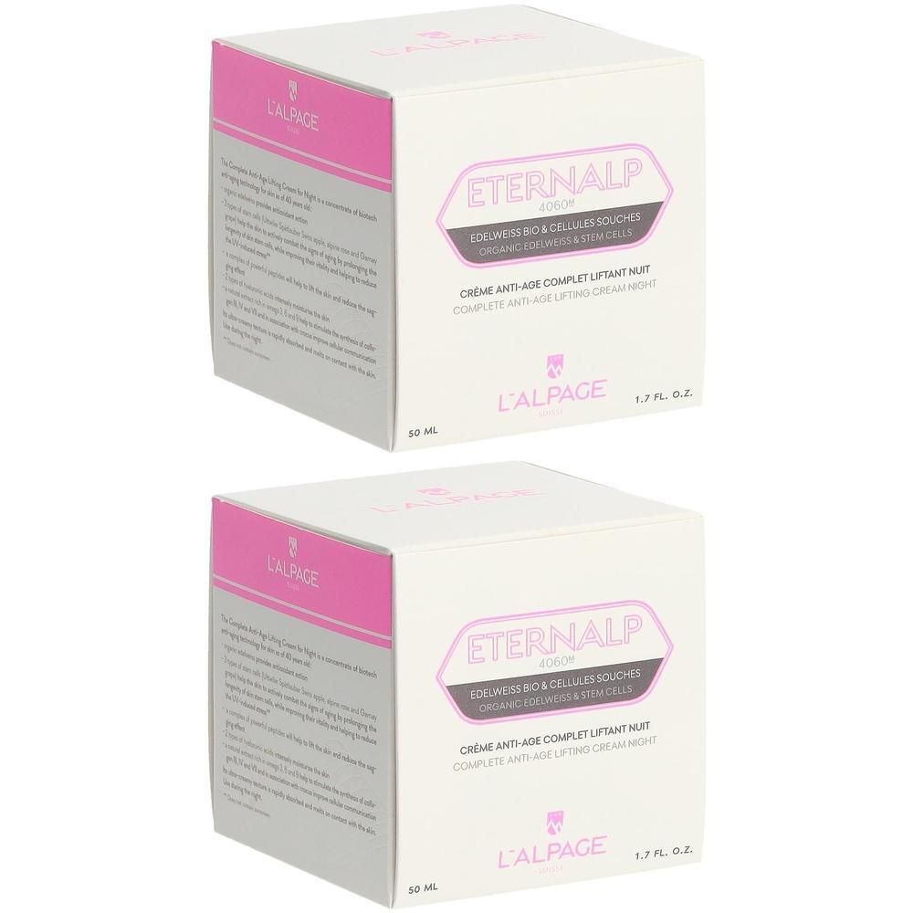 Zwei quadratische Kartons. Aufschrift: ETERNALP, Creme Anti-Age, L'ALPAGE. Rosa und weiße Verpackung. 50 ml.