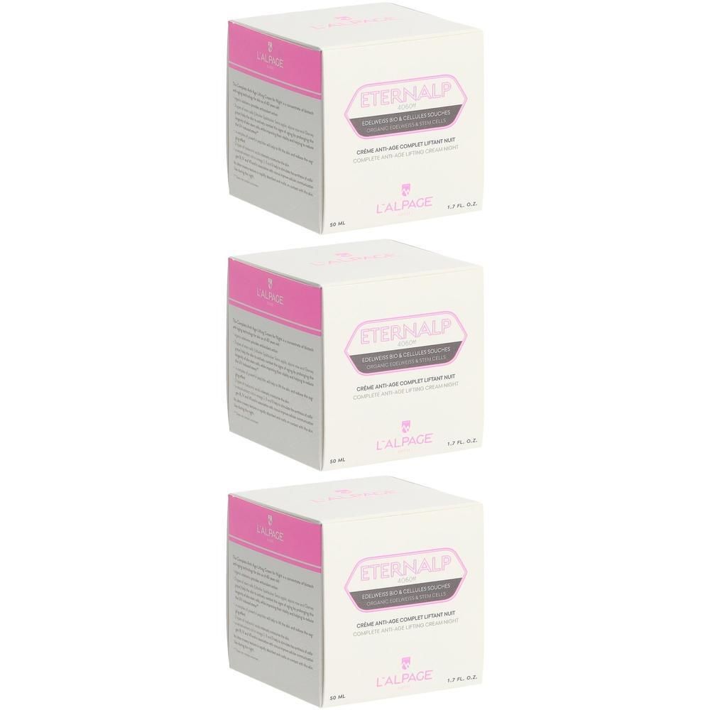 Drei quadratische Kartons. Aufschrift: ETERNALP, Anti-Age Nachtcrème. Rosa und weiße Verpackung. L'ALPAGE Logo.