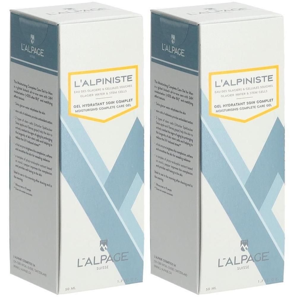 Zwei rechteckige Kartons. Aufschrift: L'ALPAGE, L'ALPINISTE, Gel hydratant soin complet. Weiße Verpackung mit blauen und gelben Akzenten.