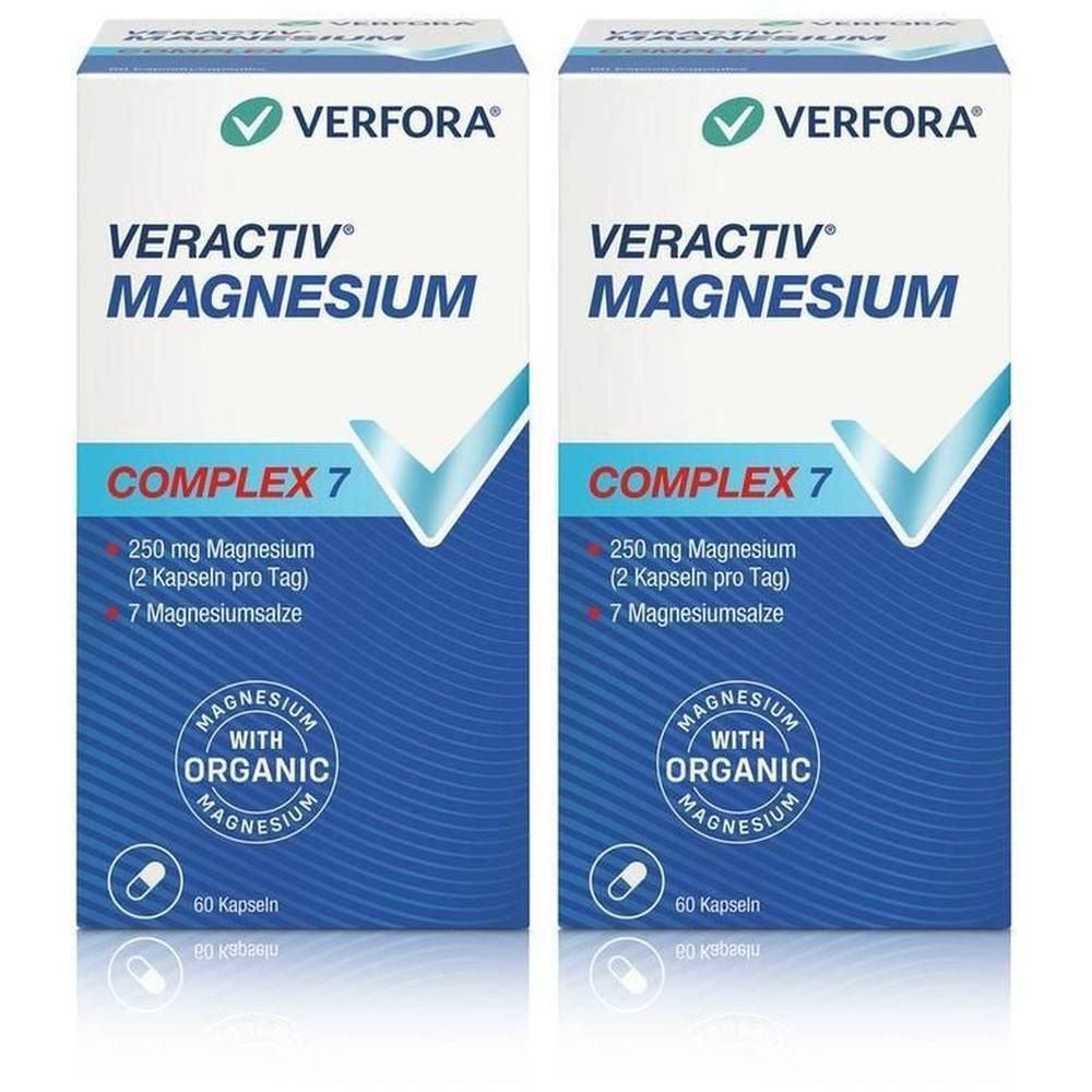 Zwei Schachteln VERACTIV Magnesium Complex 7. Blaue und weiße Verpackung. Enthält 60 Kapseln. Mit Magnesium und organischem Magnesium.