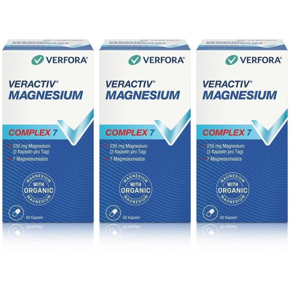 Drei Schachteln VERACTIV Magnesium Complex 7. Blaue und weiße Verpackung mit Produktnamen und Logo. Enthält 60 Kapseln.