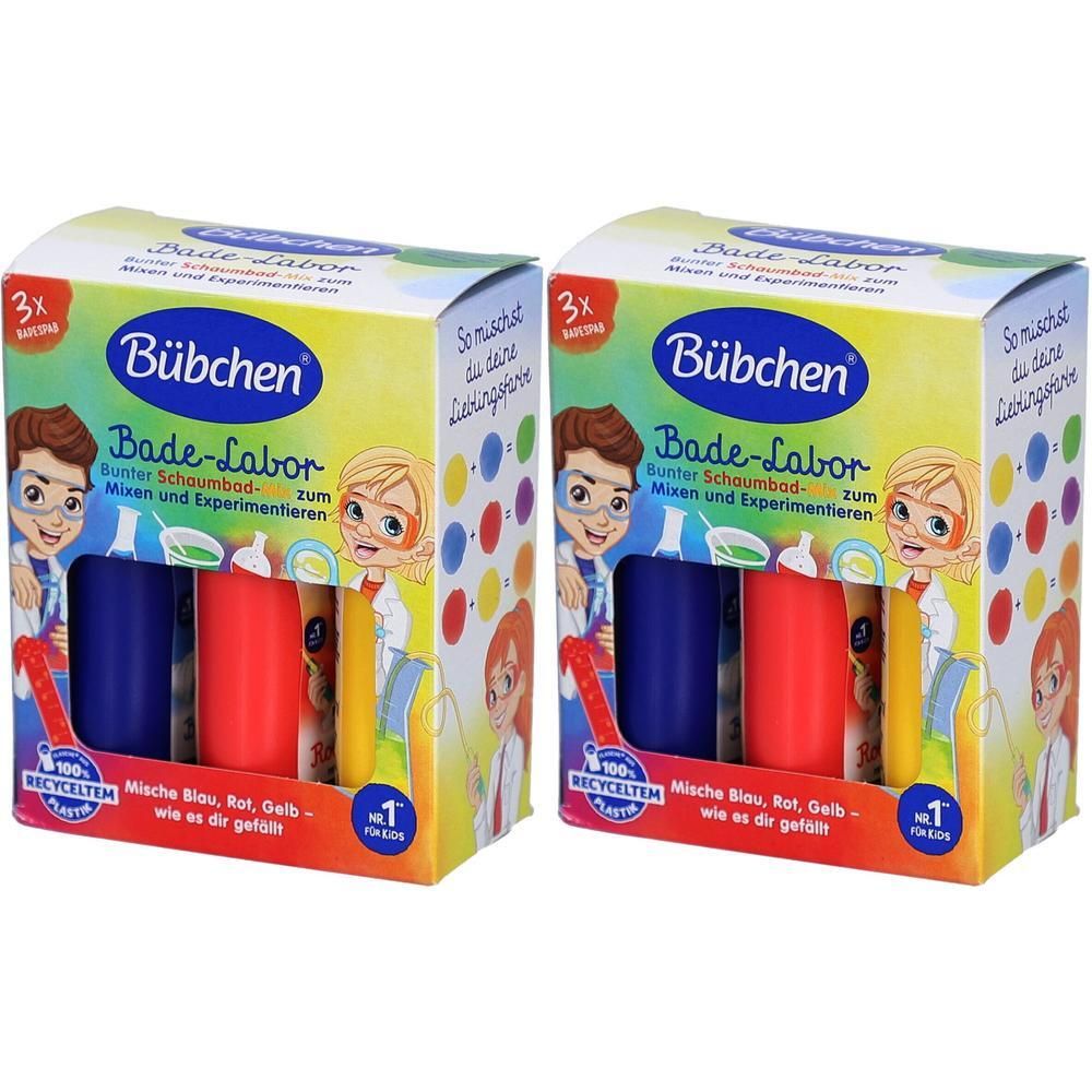 Zwei Packungen Bubchen Bade-Labor mit je drei Fläschchen in Blau, Rot und Gelb.