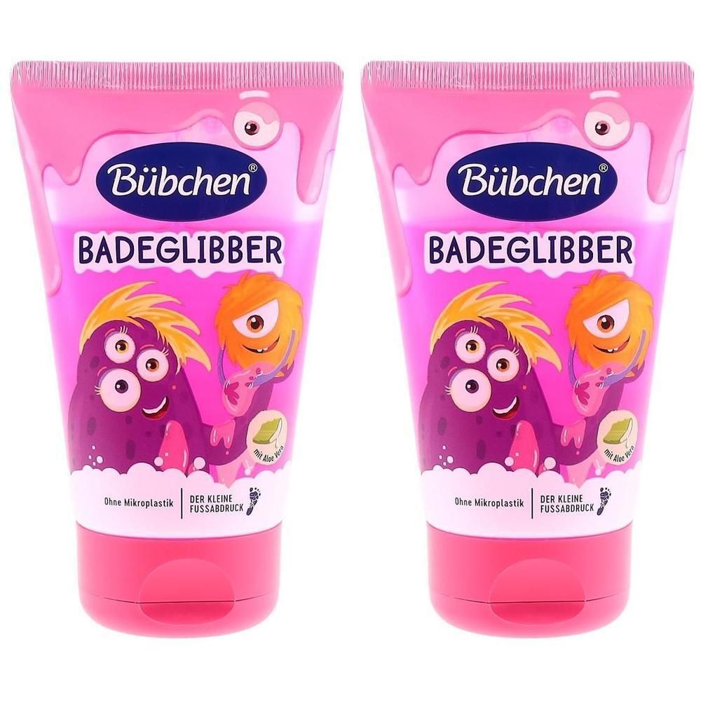 Deux tubes roses de Bübchen Badeglibber avec des monstres de dessin animé et l'inscription "Sans microplastique".