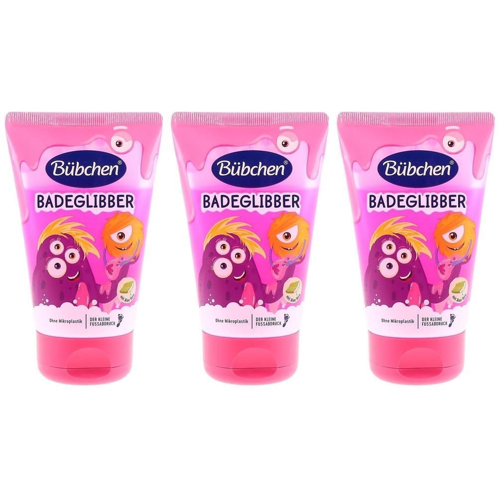 Trois tubes roses de Bubchen Badeglibber avec des monstres de dessin animé.