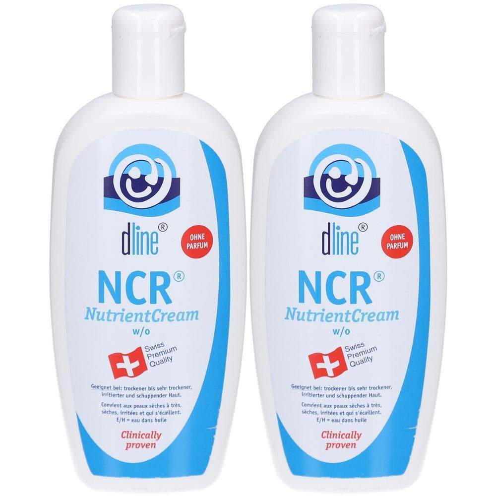 Deux flacons blancs avec texte bleu. Inscription: dline NCR NutrientCream sans parfum. Croix suisse. Cliniquement prouvé.