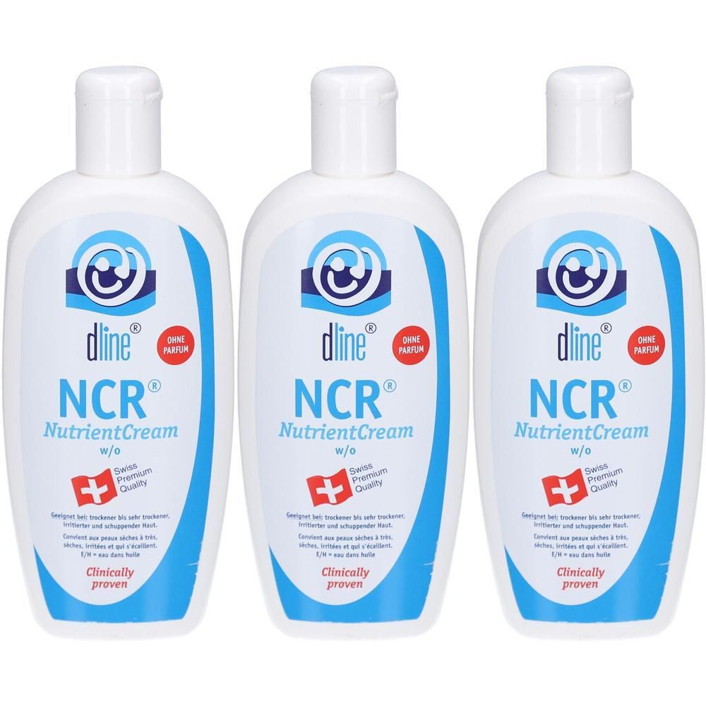 Trois flacons blancs avec texte bleu et rouge. Inscription: dline NCR NutrientCream w/o. Croix suisse. Sans parfum. Cliniquement prouvé.