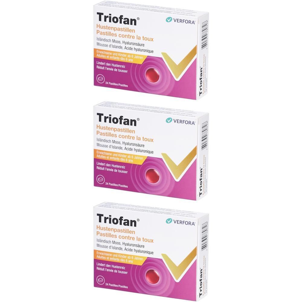 Drei Schachteln TRIOFAN Hustenpastillen. Weiße Verpackung mit lila und gelben Akzenten. Text in Deutsch, Französisch.