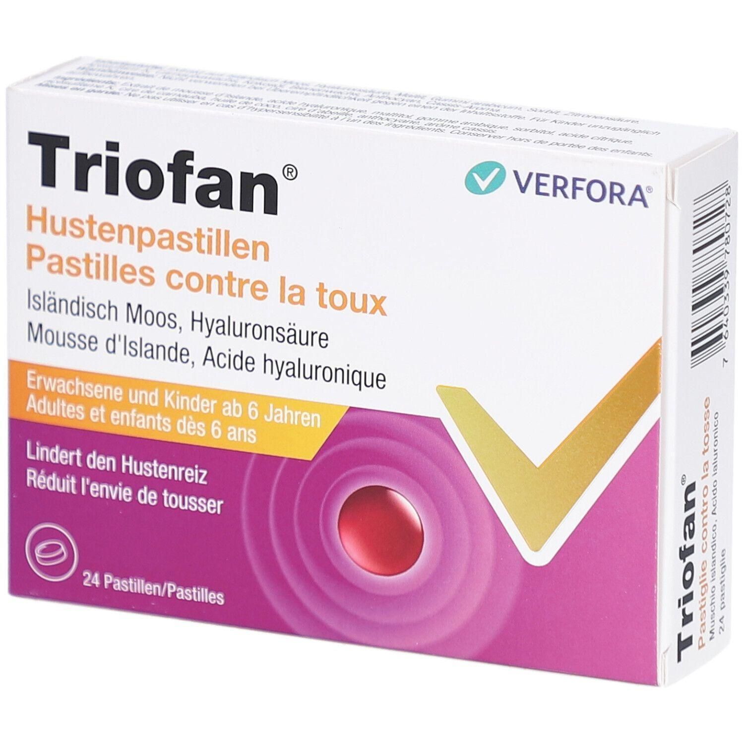 Verpackung von Triofan Hustenpastillen. Weißer Karton mit Produktnamen und Inhaltsangaben. 24 Pastillen.