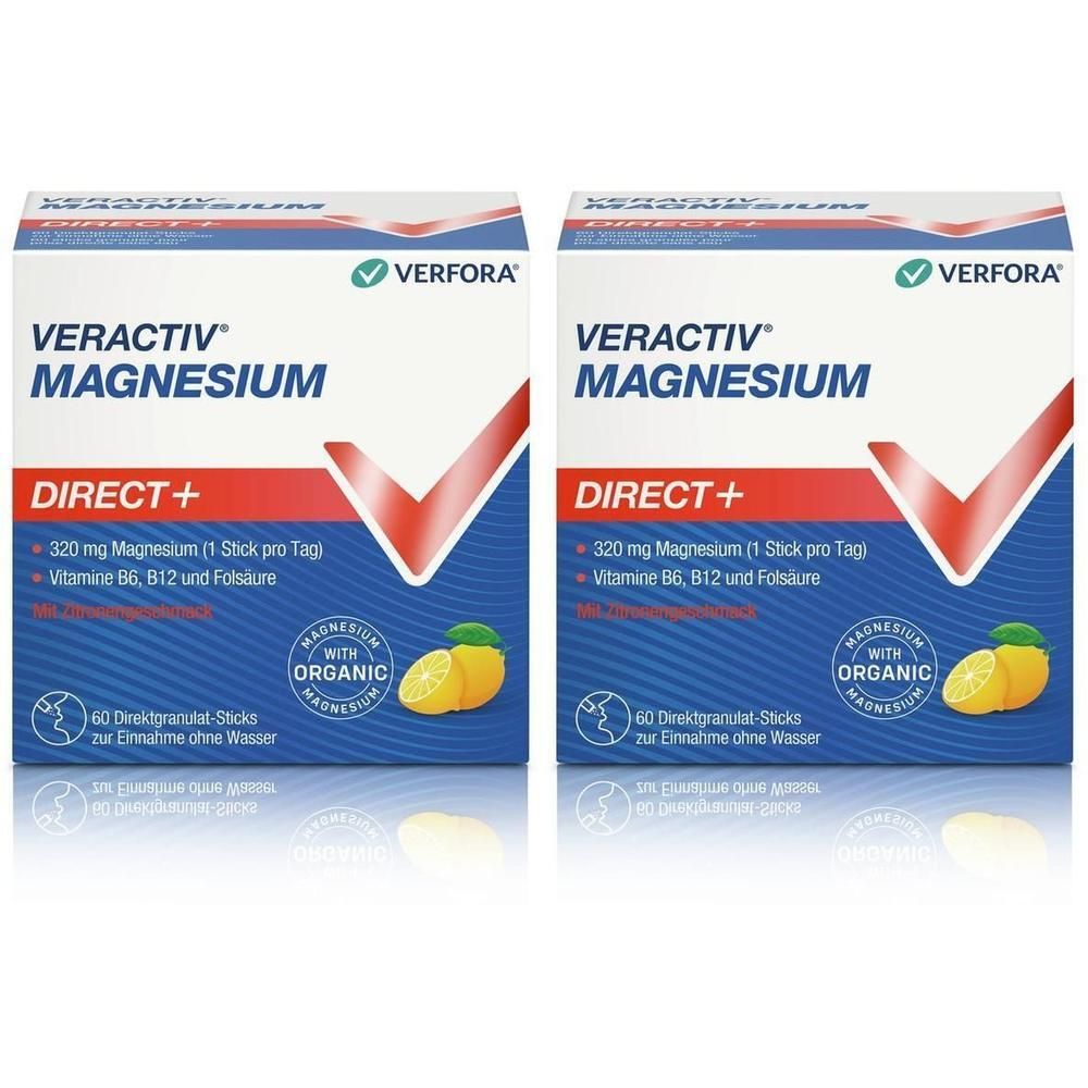 Zwei Packungen VERACTIV Magnesium Direct+ Zitrone. Blaue und weiße Verpackung mit rotem Akzent. Enthält 60 Sticks. Mit Vitaminen und organischem Magnesium.