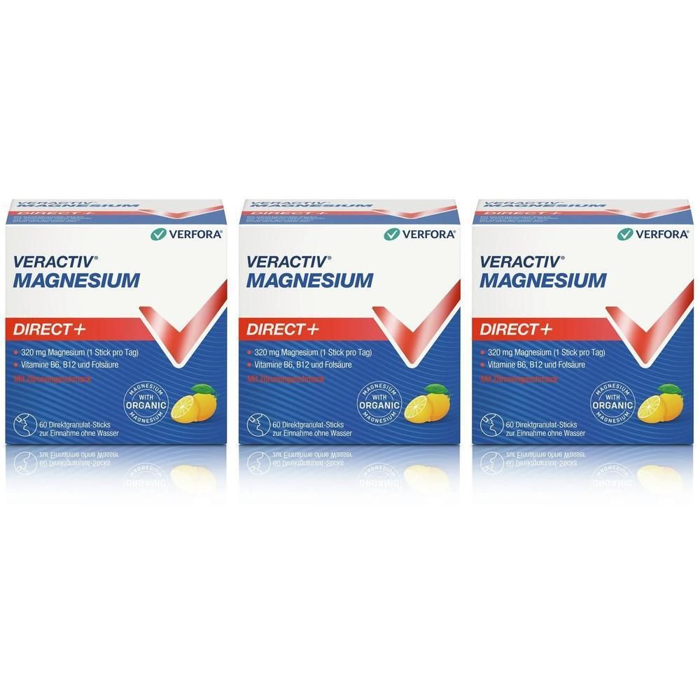 Drei Packungen VERACTIV Magnesium Direct+. Blaue Verpackung mit weißer Schrift. Enthält 300mg Magnesium, Vitamin B6, B12 und Folsäure.