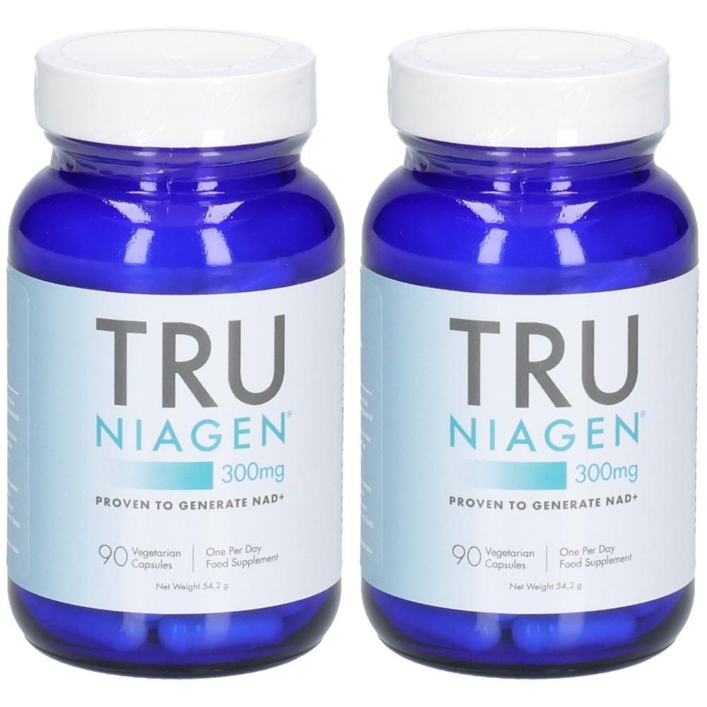 Zwei blaue Flaschen mit weißen Deckeln. Aufschrift: TRU NIAGEN 300mg. Enthält 90 Kapseln. Vegetarisch. Nahrungsergänzungsmittel.