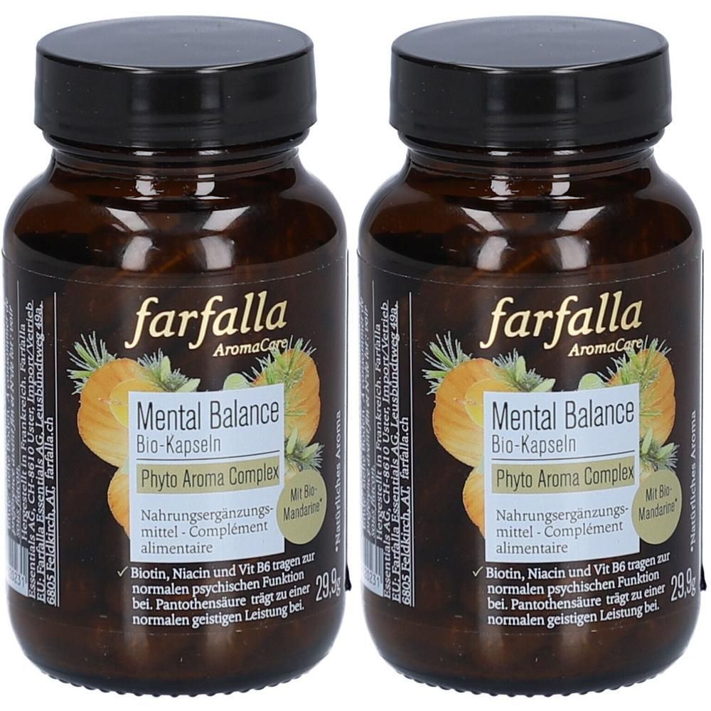 Zwei braune Glasflaschen mit schwarzen Deckeln. Auf den Etiketten steht "farfalla AromaCare Mental Balance Bio-Kapseln".