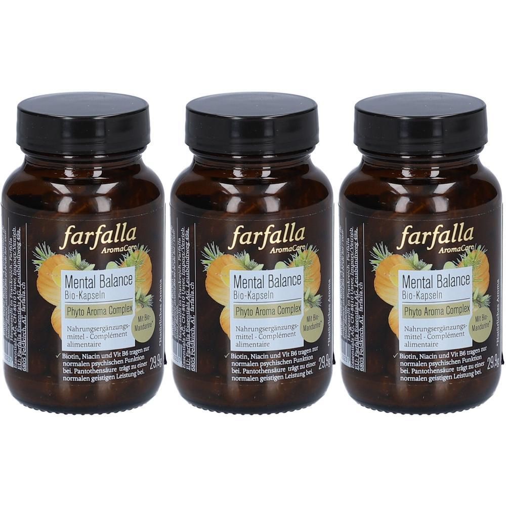 Drei braune Glasflaschen mit schwarzen Deckeln. Auf den Etiketten steht "farfalla Mental Balance Bio-Kapseln".
