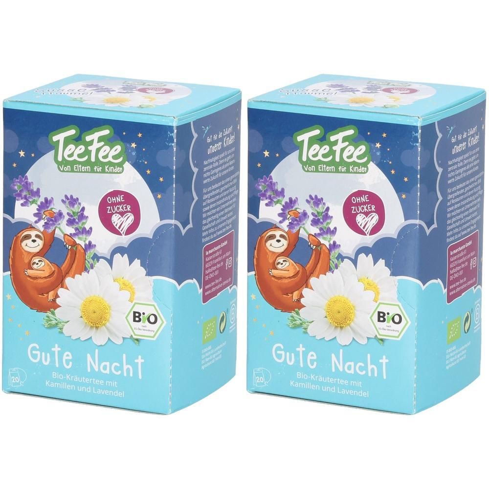 Zwei blaue Kartons. Aufdruck: TeeFee, Gute Nacht Tee, Kamille und Lavendel. Illustration: Faultier mit Baby, Kamille, Mond, Sterne, Bio-Siegel.