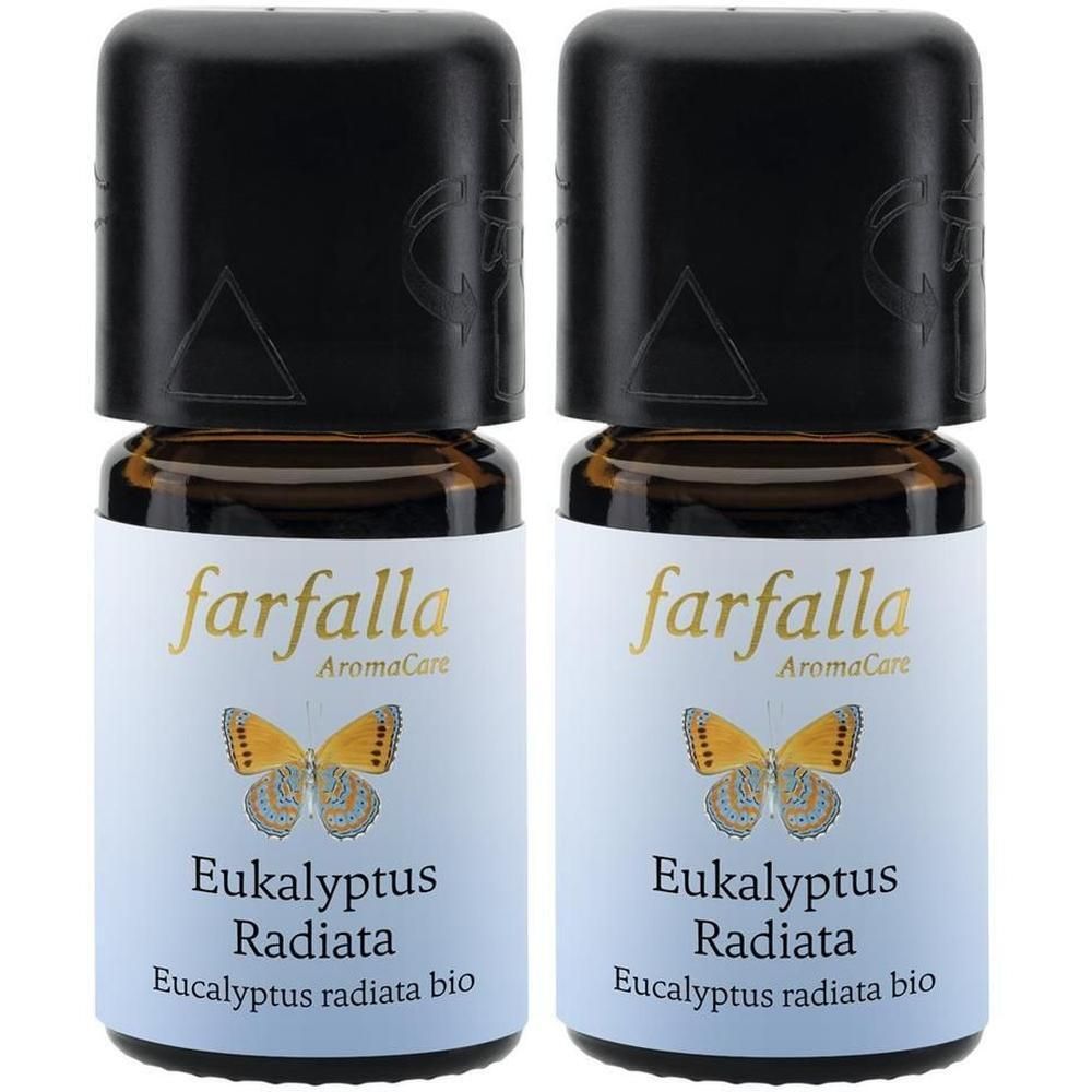 Zwei Flaschen mit schwarzem Deckel. Auf dem Etikett steht "farfalla AromaCare" und "Eukalyptus Radiata".