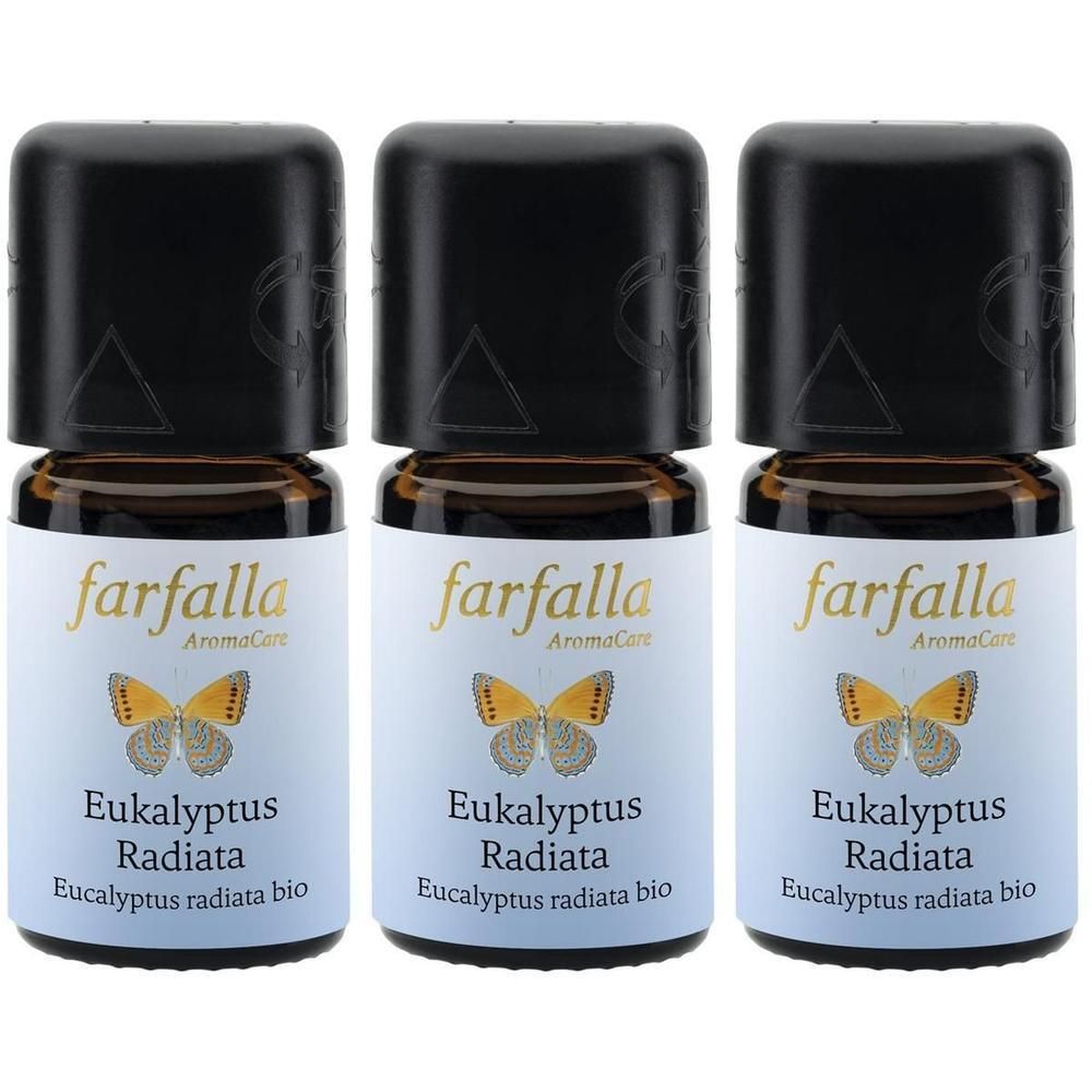Drei kleine braune Glasflaschen mit schwarzen Deckeln. Auf den Etiketten steht "farfalla" und "Eukalyptus Radiata bio".