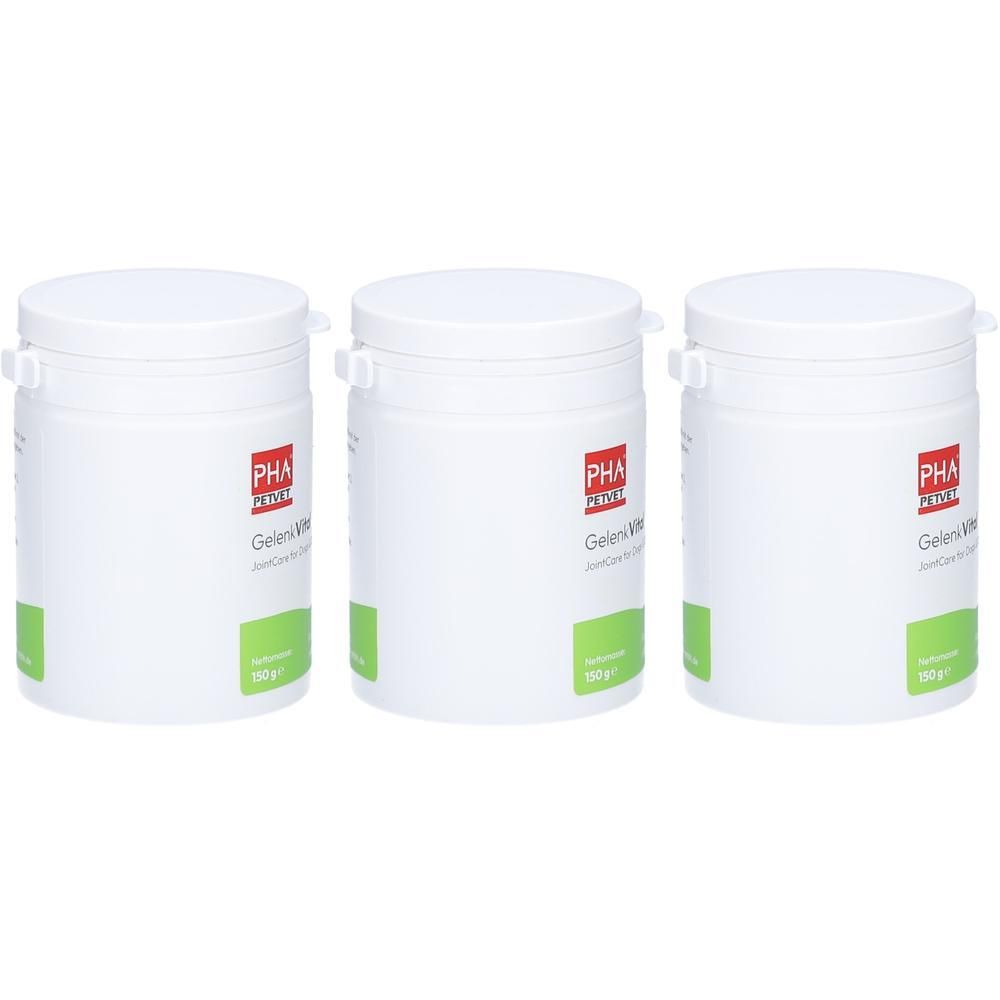 Trois contenants blancs avec couvercles. Chaque contenant porte le logo et le nom du produit PHA GelenkVital. Étiquettes vertes.