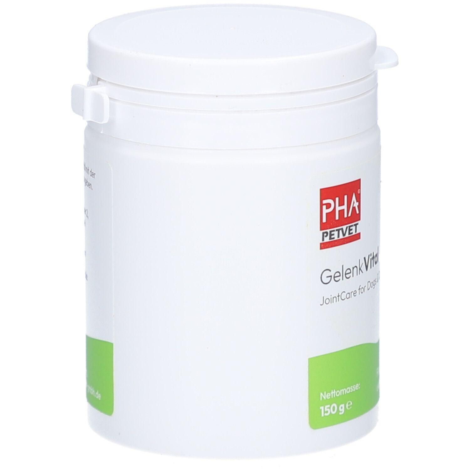 Boîte blanche avec couvercle. Inscription PHA PETVET, GelenkVital, JointCare for Dogs. Étiquette verte avec 150g de poids net.