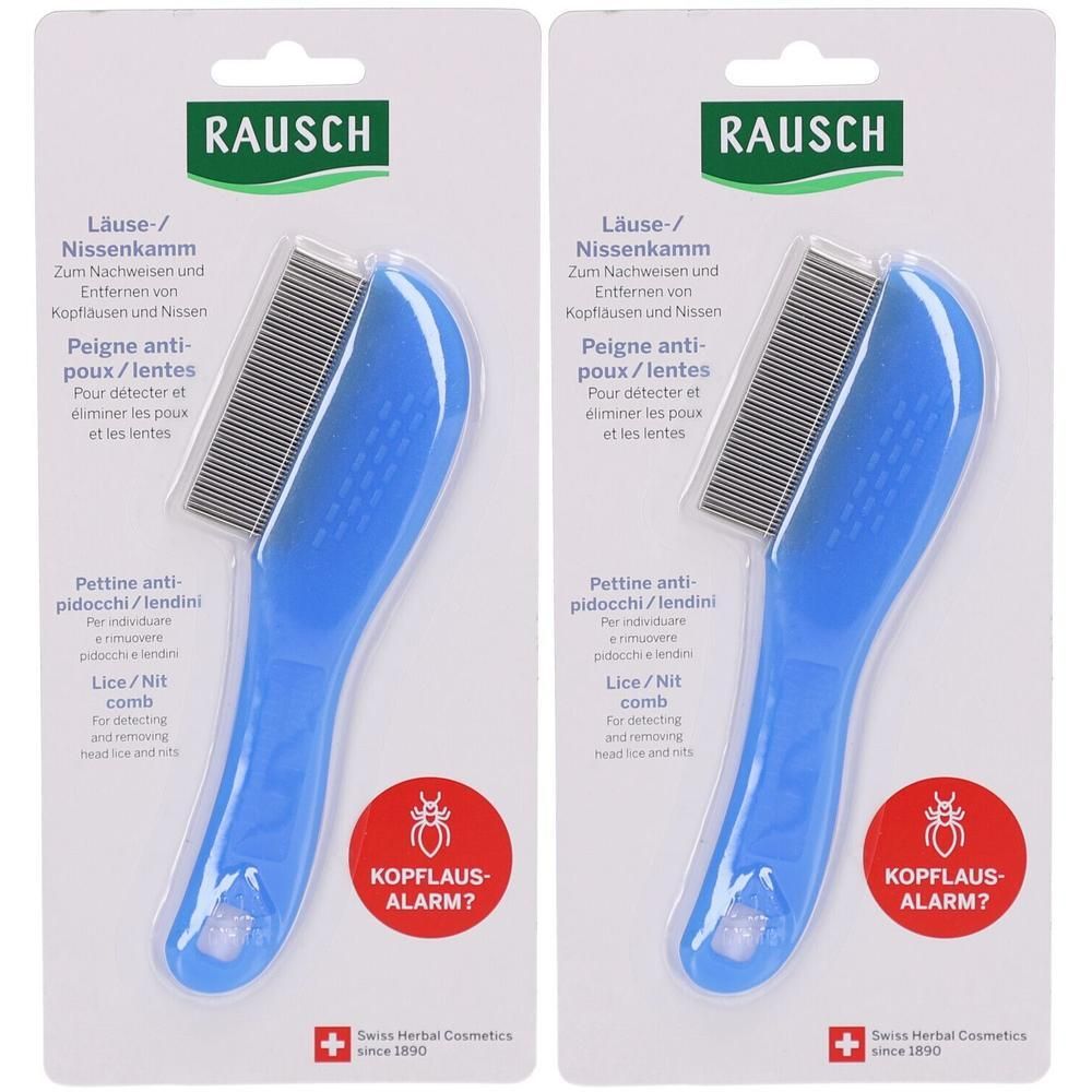 Zwei blaue Läusekämme in Verpackung. Der Kamm hat einen blauen Griff und feine Zinken. Auf der Verpackung steht "RAUSCH" und "Kopflaus-Alarm?".