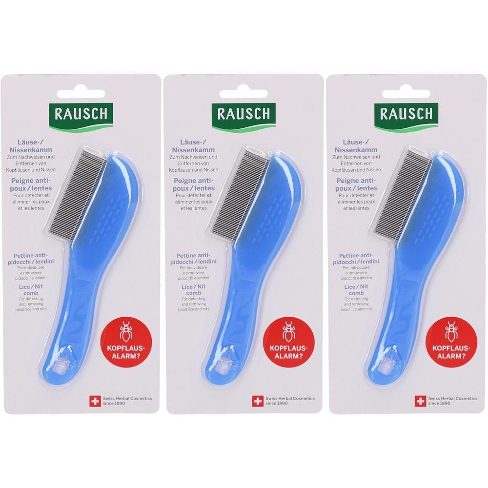 Drei Läusekämme in Blisterverpackung. Blaue Griffe, feine Zinken. Aufschrift: RAUSCH, Läuse-/Nissenkamm, Kopflaus-Alarm?