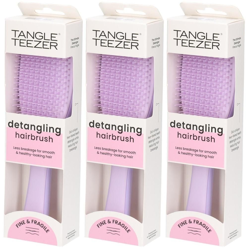 Drei Tangle Teezer Detangling Haarbürsten in Hypnotic Heather, FINE & FRAGILE. Lila Bürstenköpfe und Griffe.