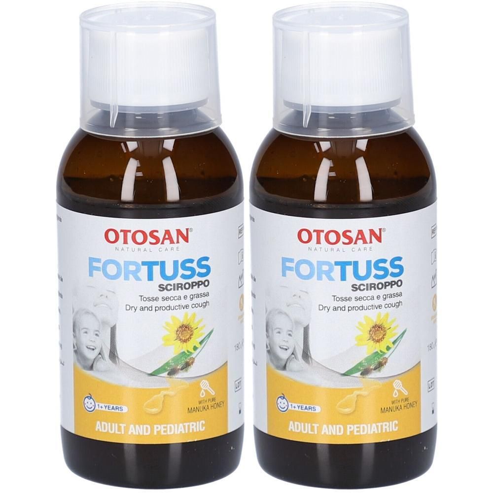 Deux flacons de sirop contre la toux. Flacons en verre brun avec bouchon blanc. Étiquette avec nom du produit et logo. Pour adultes et enfants.