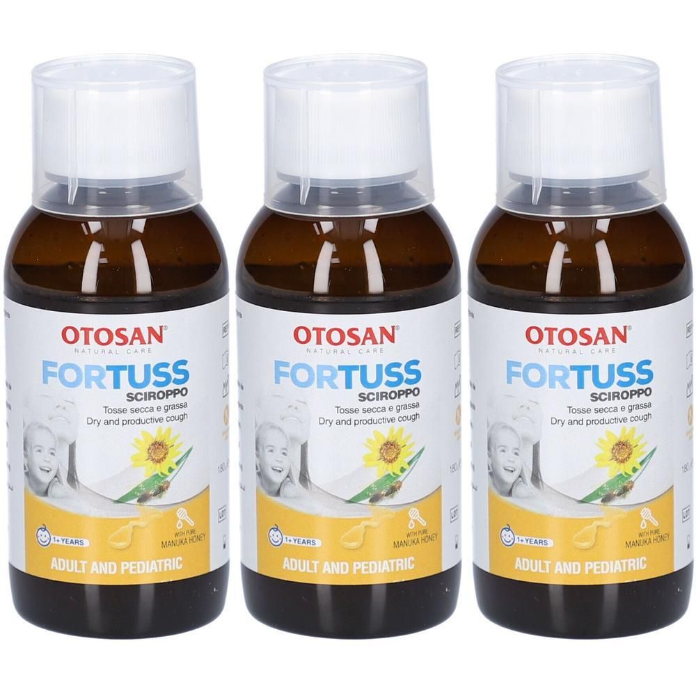 Trois flacons de sirop contre la toux. Inscription : OTOSAN FORTUSS. Pour adultes et enfants. Bouchon blanc, liquide brun.