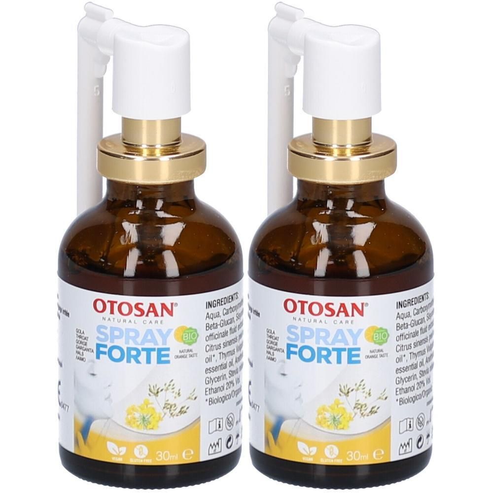Zwei braune Glasflaschen mit Sprühaufsatz. Aufschrift: OTOSAN SPRAY FORTE. 30 ml. Mit weißem Sprühkopf und goldfarbenem Verschluss.