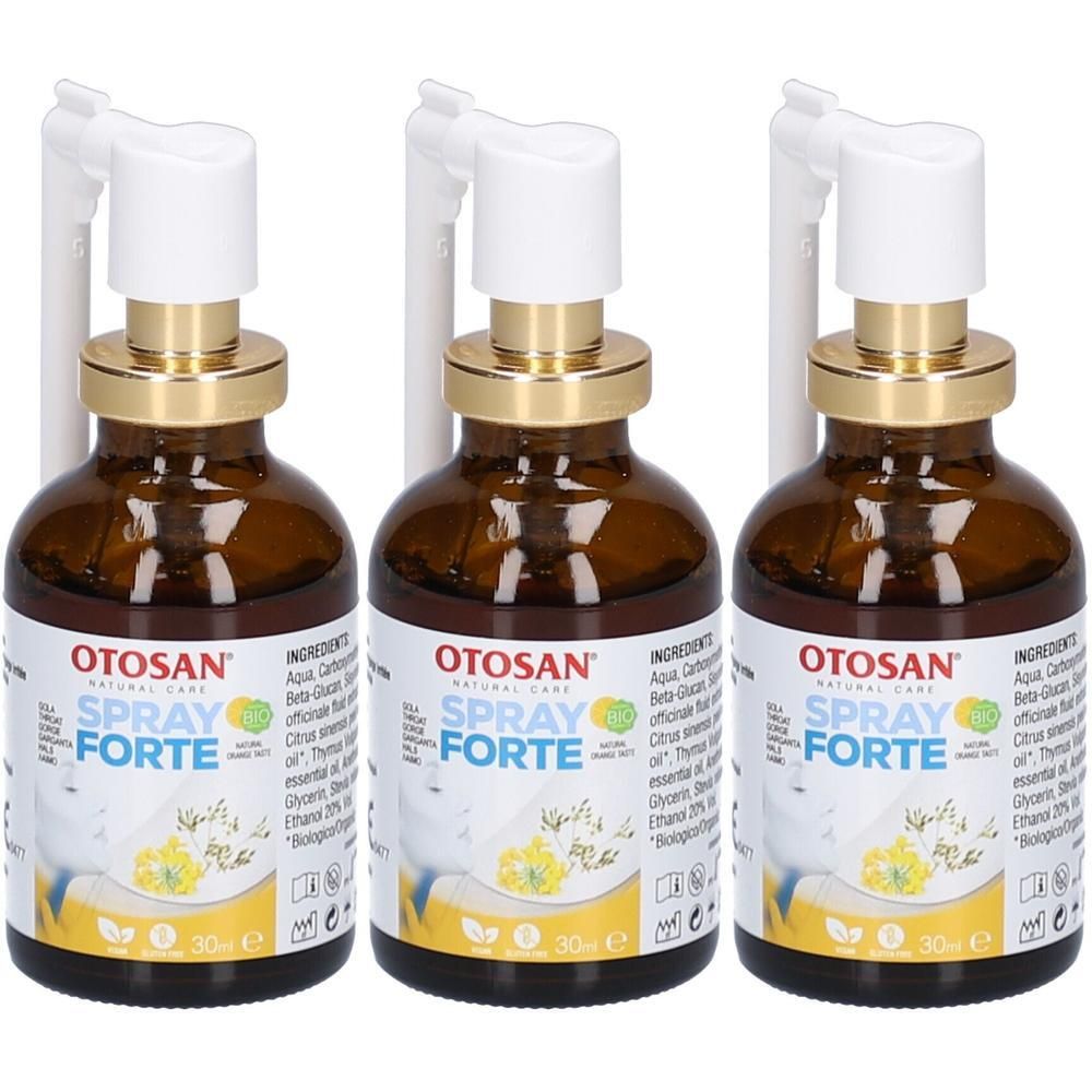 Drei Flaschen mit Sprühkopf. Braune Glasflaschen mit goldfarbenen Verschlüssen. Aufschrift: OTOSAN SPRAY FORTE. 30 ml.