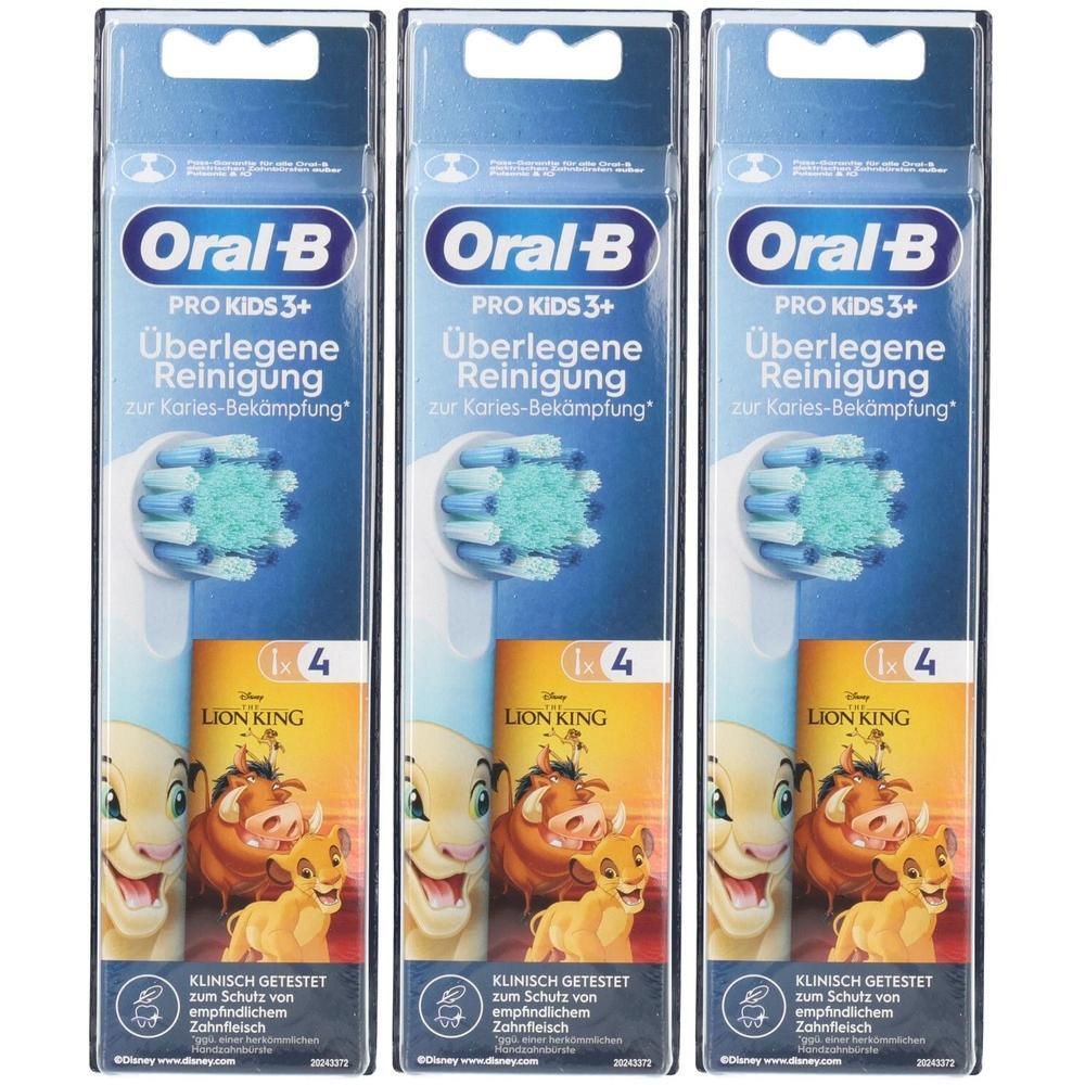 Trois paquets de brossettes Oral-B Pro Kids 3+. Emballage avec motif Le Roi Lion. 4 pièces par paquet. Testé cliniquement.