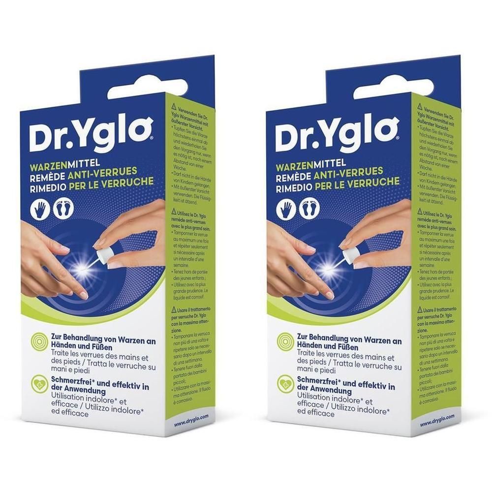 Deux boîtes de Dr. Yglo. Emballage bleu et blanc avec nom du produit et instructions. Illustration d'une main appliquant le produit.