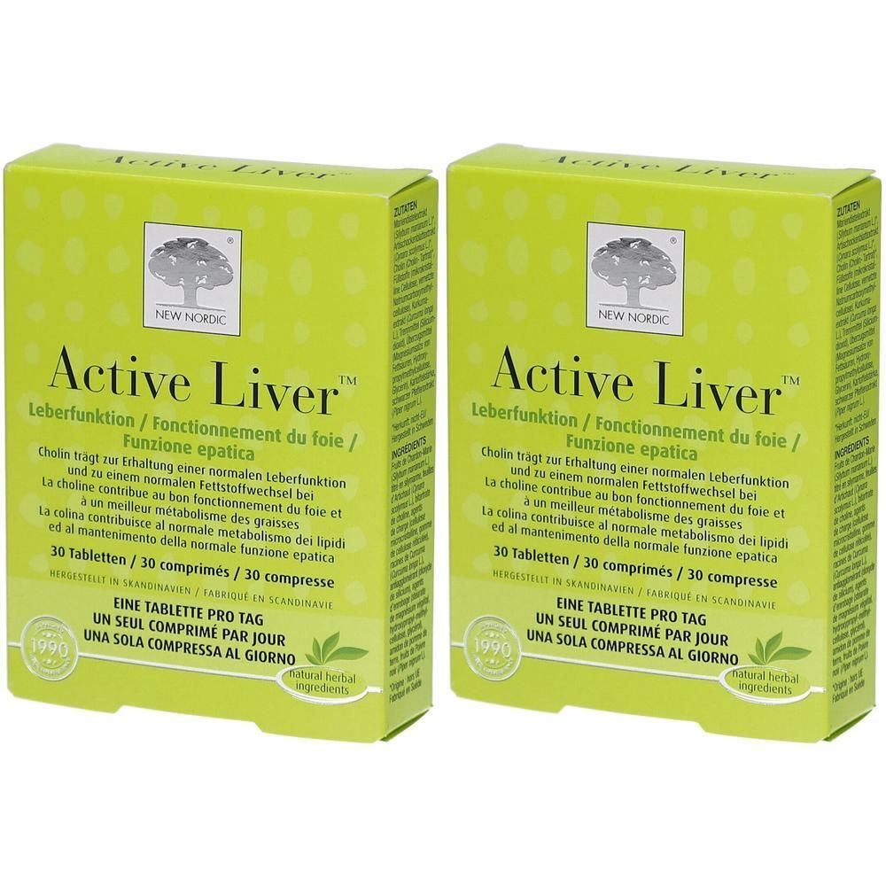 Zwei grüne Schachteln mit "Active Liver"-Aufdruck. Text in Deutsch, Französisch, Italienisch. 30 Tabletten pro Schachtel.