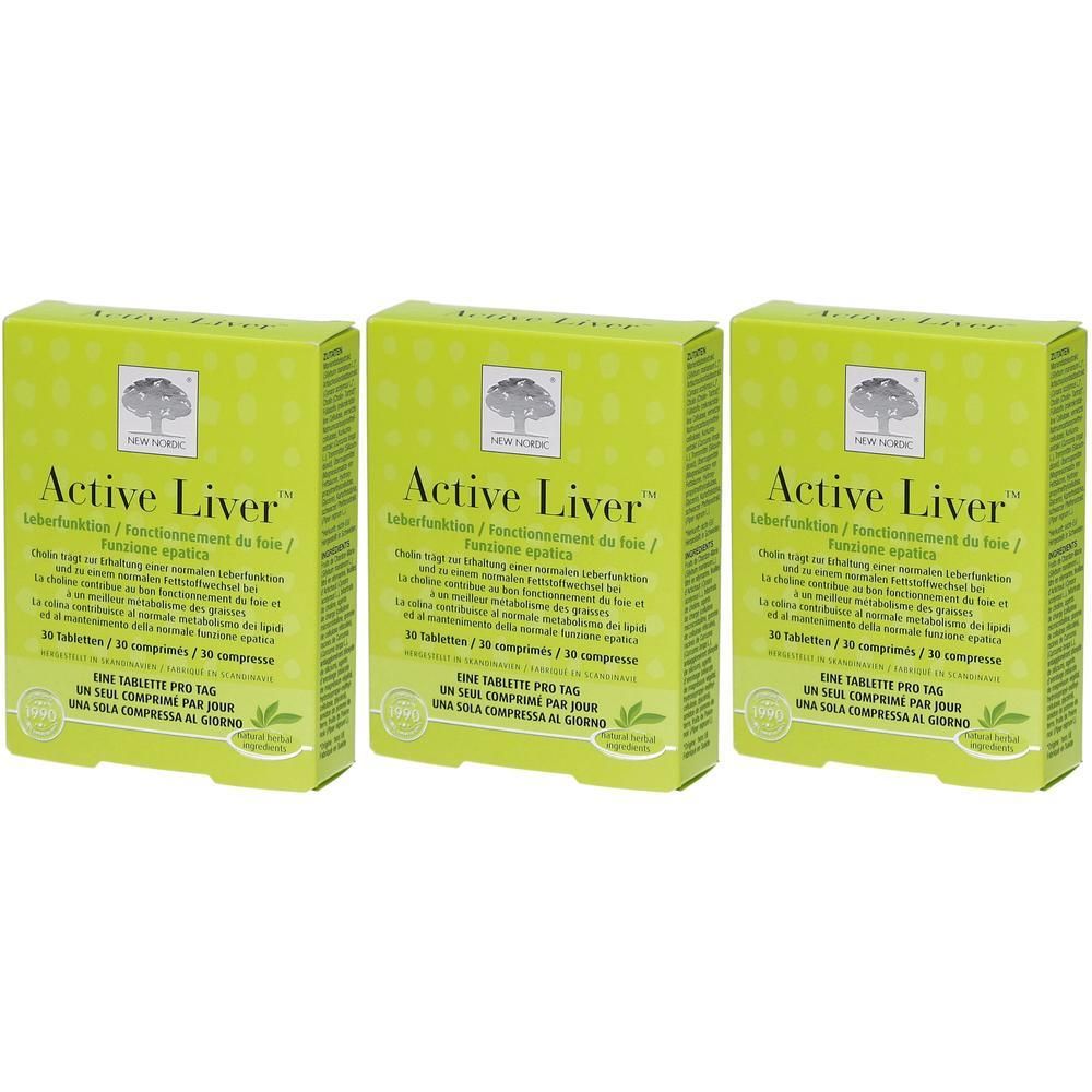 Drei grüne Schachteln mit "Active Liver"-Aufschrift. Jede Schachtel enthält 30 Tabletten. Logo: Baum. Text in Deutsch, Französisch, Italienisch.