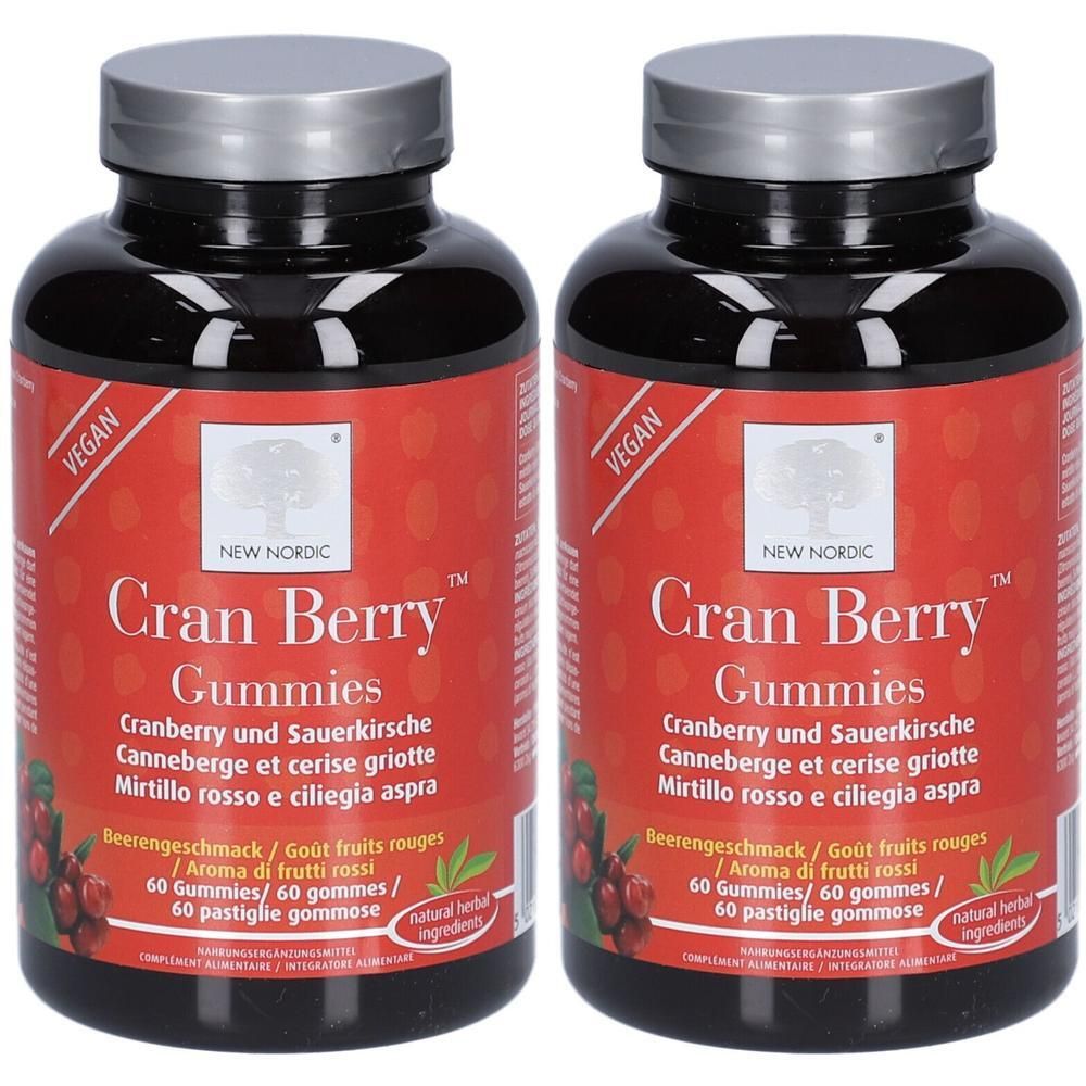 Zwei Flaschen NEW NORDIC Cran Berry Gummies. Rote Etiketten mit weißer Schrift. Aufschrift: Cran Berry Gummies, 60 Gummies.