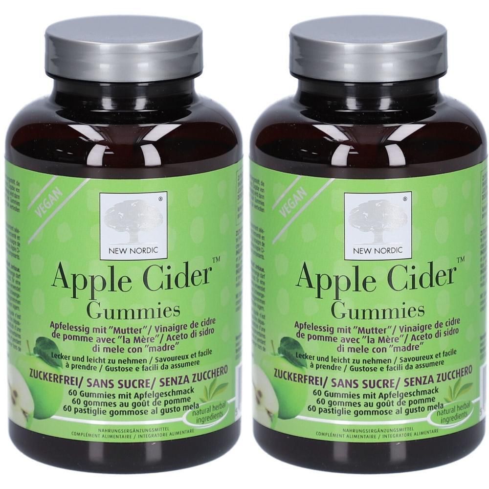 Zwei Flaschen mit grünen Etiketten. Aufschrift: Apple Cider Gummies. Vegan. Ohne Zucker. 60 Gummies. Marke: New Nordic.