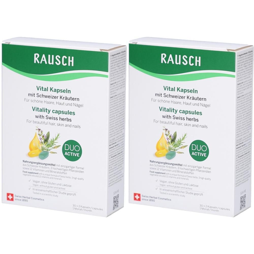 Zwei Kartons mit Vital Kapseln. Aufschrift: RAUSCH, Vital Kapseln mit Schweizer Kräutern. Duo Active. Schweizer Kräuter-Kosmetik.