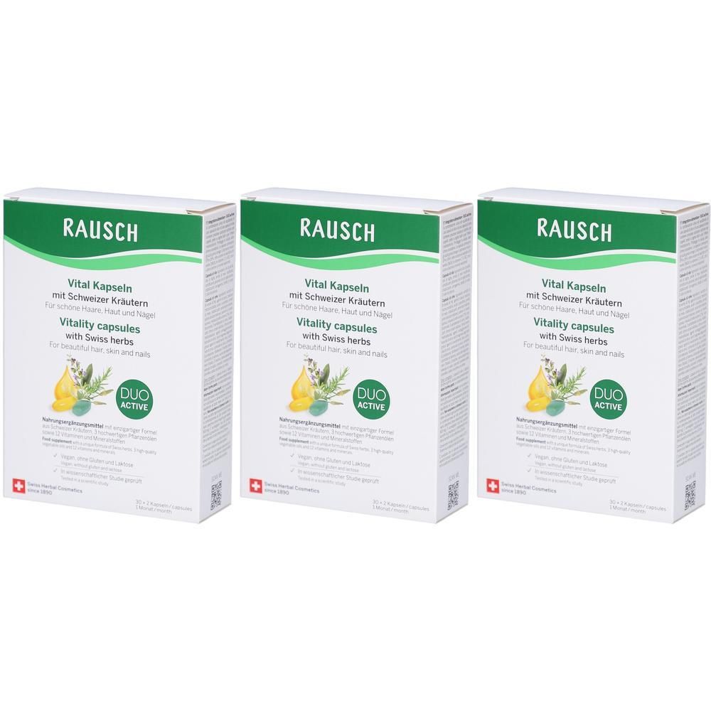 Drei Schachteln mit Vital Kapseln. Aufschrift: RAUSCH, Vital Kapseln mit Schweizer Kräutern. Duo Active Logo. Schweizer Kreuz.